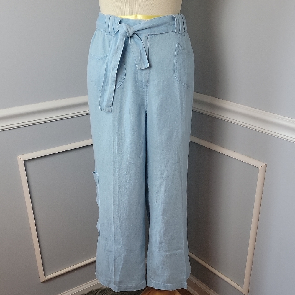 J. JILL Powder Blue 100% Linen Belted Elastic Waist‎ Wide Leg Boho Casual Pant 8